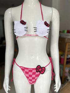 Kadın mayo pembe el yapımı tığ işi deneme denetleyicisi dip bikini ile bowknot plaj giyim seksi moda mayo