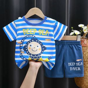 Summer Kids Casual Pajamas Cute Cartoon Print Short Sleeve TShirt Tops with Shorts Toddler Baby Boys Girls Clothing Sets 240428