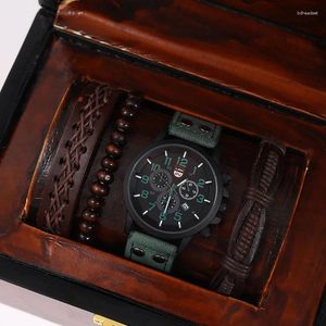腕時計4PCSセットファッションメンズスポーツウォッチマンビジネスクォーツ腕時計豪華なブラウンレザーブレスレットメンカジュアル時計時計
