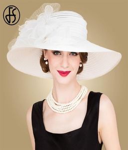 FS Black White Elegant Women Church Hats for Ladies Summer Flowers Large Brim Organza Hat Beach Sun Kentucky Derby Hat Fedora T2005171065