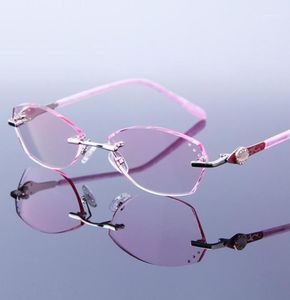Güneş gözlükleri zarif kadınlar rimless okuma gözlükleri rhinestone çerçevesi pembe gözlükler hipermetropu okuma için çerçevesiz