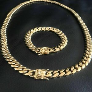 Herren Miami Cuban Link Bracelet Chain Combo Set 14K Gold plattiert Edelstahl 305g