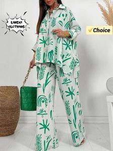 Summer Fashion Printed Womens Set Pattern Flip Collar Open Single Breasted Top Wide Leg Pants Elegant Two Piece 240430