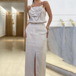 Work Dresses Sexy Floral Suspenders Top And Split Skirt Set Summer Fashion Hollow Off Shoulder Suit Lady Elegant Sleeveless Slim Party