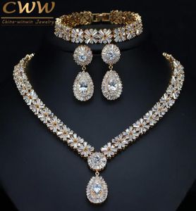 Cwwzircons Exclusive Dubai Gold Plaka Takıları Lüks Kübik Zirkonya Kolye Küpe Bilezik Mücevherleri Kadınlar İçin Set T053 T8017182