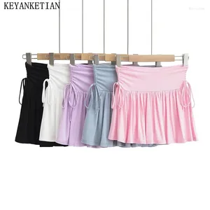 Skirts KEYANKETIAN 2024 Launch Bow Lace Up Decoration Sweet Skirt Y2K Spicy Girl Women's Patchwork High-Waisted A-Line Mini