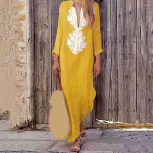 Casual Dresses Women's Cotton Linen V-ringen Löst långärmad klänning Elegant kväll för kvinnor Sexig Vestidos Lady Boho Style Beach