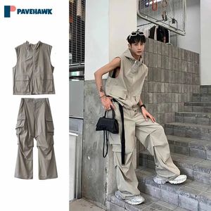 Summer Loose Casual Set Mans Japońska kamizelka z kapturem z kapturem workowane spodnie ładunkowe męskie zestawy harajuku vintage garnitury 240428