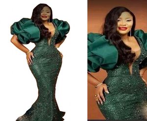 2023 Evening Dresses Aso Ebi Dark Green With Puff Sleeves Beads Sequined Lace Mermaid Prom Gowns Plus Size Special Occasion Party 5666939