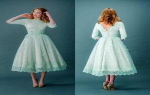 2017 Vintage Lace Prom Dresses Half Sleeves Mint Green Tea Length Spring Plus Size Backless Evening Party Dresses Graduation Dress3220709