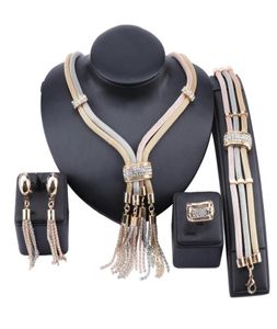 Moda afrykańska Dubaj Gold Tassel Jewelry Crystal Naszyjnik Bransoletka Pierścień Kolczyki Kobiety Akcesoria ślubne Biżuteria Set1312526