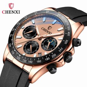 CHENXI/Chenxi Mens Multi functional Ditong Na Silicone Tape Watch Three Eyes Six Needle Lunar Phase Timing Quartz Watch