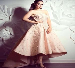 Strapless High Low Evening Dresses ALine Pearls Pink Satin Formal Dresses Middle East African Evening Gowns Elegant Party Dresses4447160