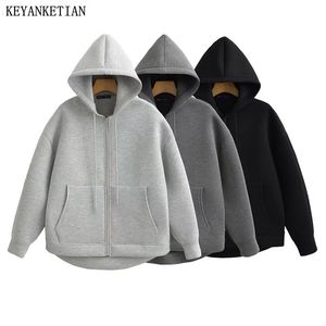 Keyanketian Winter Womens dragkedja hoodie high street unisex stil dubbla fickor överdimensionerade lösa tröjor ytterkläder topp 240428