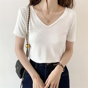 Women's T Shirts 2024 Summer Knitted V-Neck White T-Shirts Short Sleeve Casual Loose Bottoming Fashion Korean Shirt Basic Tops Female