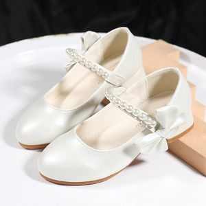 Girls White High Heels Princess Style Spring and Autumn Leather Shoes Stora barnskor Svarta barn med aftonklänningskor Pärl