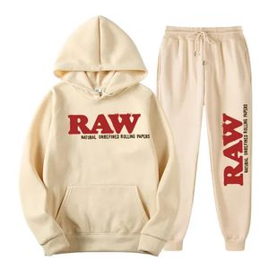 Mens Set RAW Hooded Fleece Hoodie Sweatpants Running Two Pieces Autumn Winter Casual Woolen Sportswear Comfortable 240429