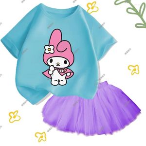 Roupas conjuntos de roupas de algodão de algodão infantil de múltiplas coloridas Camiseta de manga curta e saia de tule de tule desenho animado kawaii kid melodia