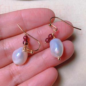 Dangle Earrings White Freshwater Baroque Pearl Red Crystal Gold 18k Anniversary Office Modern Men Gemstone Handmade Minimalist Children