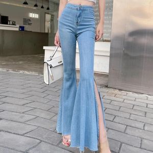 Kvinnors jeans sida slits hög midja stor utblåst för kvinnor våren smala stretch byxor golvmopp