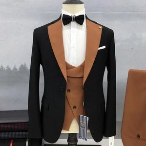 Men's Suits Set Black Suit Orange Edge Standing Collar Business Formal Luxury Wedding Three Piece (Jacket Pants Vest)