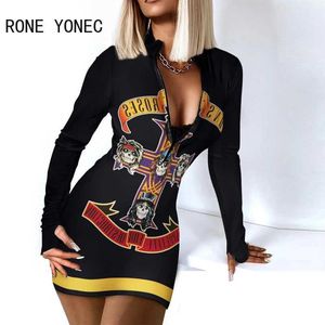 Basic Casual Dresses Womens printed zipper design long sleeved thumb hole body dress mini sexy party dress Q240430