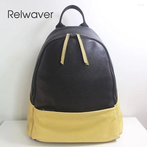 School Bags Relwaver Genuine Leather Backpack Yellow Contrast Black Women 2024 Summer Soft Fashion Bag Big Travel