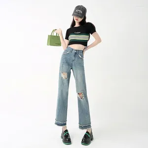 Kvinnors jeans brett ben trasiga för kvinnors sommar tunn 2024 Hög midja rakt rör lösa och bantande moppbyxor