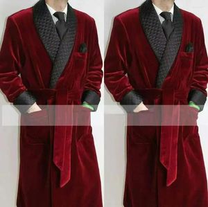 Men's Suits Selling Long Burgundy Velvet Men Coat One Piece With Belt Fashion Male Clothing