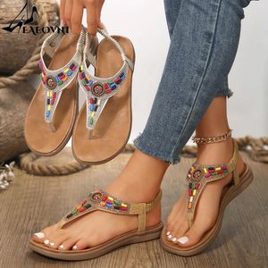 Casual Shoes Crystal Bohemian Sandals Women Summer Flat Heels Non Slip Beach Woman Elastic Ankle Strap Clip Toe Roman Sandalias