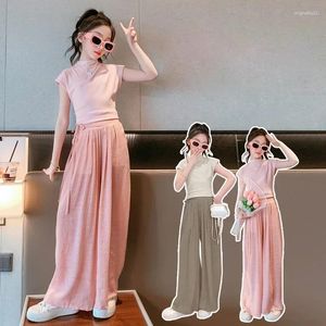 Clothing Sets Summer Teen Girls Fashion Slim Tops Wide Leg Pants 2Pcs Outfits Kids Birthday Party Princess Costume 4-12 Years