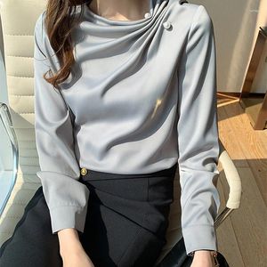 Women's Blouses Korean Women Chiffon Shirts Beading Blouse Tops Woman Long Sleeve Shirt Pleated Pullover Ladies