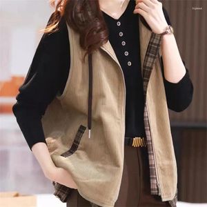 Coletes femininos Spring Autumn Corduroy Casca Casaco 2024 LONCO TAMANHO GRANDE JACKE KHAKI Capuz marrom Capuz Coloque Outwear Tops feminino