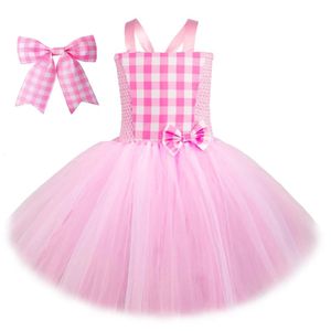 Vestidos de Tutus de Baby Pink Barbi para meninas Festas de aniversário Fantas Crianças de Natal Roupas de Halloween Roupas xadrez com Bow 240429