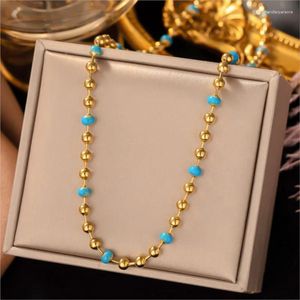 Chains ANENJERY L316 Stainless Steel Metal Blue Small Beads Necklace For Women Fashion Simple Collarbone Jewery