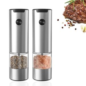 2 PCS Silver Salt And Pepper Mills Electric Set Of Battery Operated White LED Light Adjustable Coarseness 240429