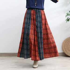 Spódnice Tiyihailey 2024 Długie Maxi Elastyczne wysoką talię Kobiety spódnica Summer Casual A-Line Linen Botton Patchwork Print