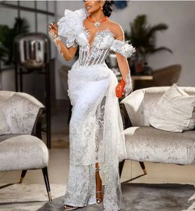 Aso Ebi Lace Evening Dresses Long Sleeve One Shoulder Prom Gown Beaded Floor Length Celebrity Party Dress Elegant Women Reception Special Occasion Wear