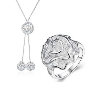 Bröllopsmycken set klassiska 925 Sterling Silver Fine Rose Flower Necklace Rings Women High Quality Set Fashion Party Christmas Gifts H240504