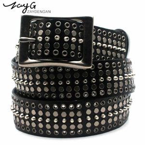 ZAYG Punk Leather Man and Woman Belts Metal Rivets White Black Genuine Leather Belts Fashion Pin Buckle Straps 225G