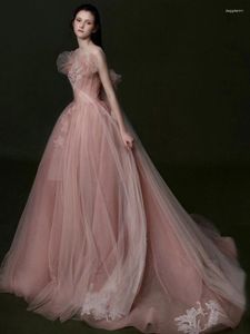Sukienki imprezowe eleganckie różowe raski tiule A-line formalne suknie wieczorowe