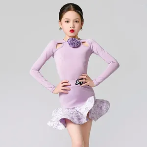Vestido de dança latina roxa para meninas, roupa de manga longa saia de manga comprida Rumba Rumba Salsa Chacha Dancing Roupos VDB8054