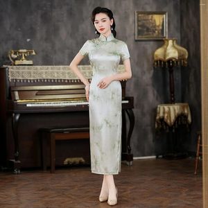 Etniska kläder Högkvalitativ verklig siden Qipao Cheongsam Top Kjol Daily Slim Fit Evening Wear Elegant Retro Sexig Party Literary Dress