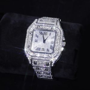 Armbandsur Hip Hop Iced Out Men Watch Square Diamond Quartz Luxury Mens handledsklockor Romerska kalender Steel Clock Relogio Masculi 290T