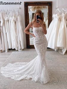 Glitter Pullu Crystal Square Yakası Denizkızı Gelinlik Spagetti Kayışları Açık Arka Aplikler Gelin Gowns Robe De Mariee