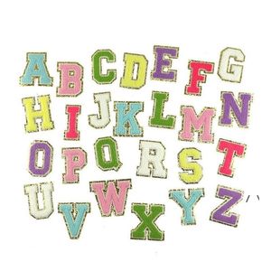 Stoff- und Nähmisch -Farbe Chenille Gold Glitter Buchstaben Es Handtuch Stickbogen Rainbow Gritt Alphabet Eisen auf dem schönen Aufkleber -Namen RRB14 DH2WP