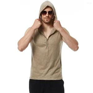 Tanques masculinos masculino de algodão camisetas sem mangas camisetas academia de fitness ginásio alto elástico com capuz de capuz casual com camiseta folgada masculino verão