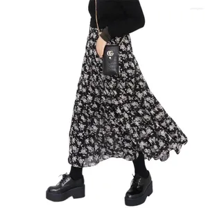 Spódnice Spring Korean Women Floral Print Plisted Maxi Long Spirt Elegancka żeńska dolna bohemia świąteczna plaża plus rozmiar 6xl 7xl