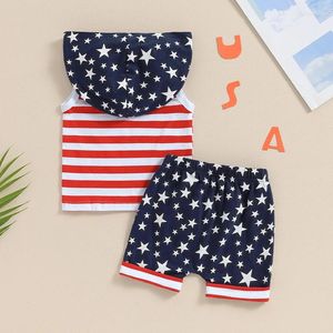 Kleidung Sets Baby Boy 4. Juli Outfits Ärmeloses Sterne und Streifen Print Hoodie Shorts Set Kleinkindkleidung