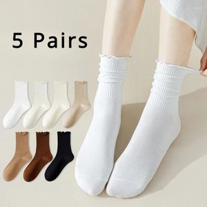 Women Socks 5 Par Summer Thin Middle Tube Cotton High Quality Sports Crew Cute White Black Japanese Korean